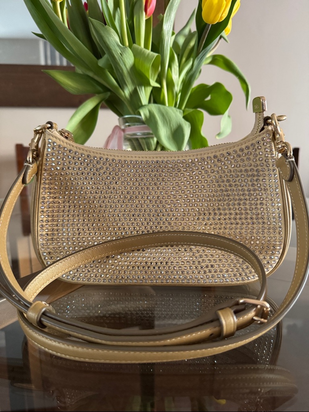 Coach Gold Crystal-Studded Shoulder Bag